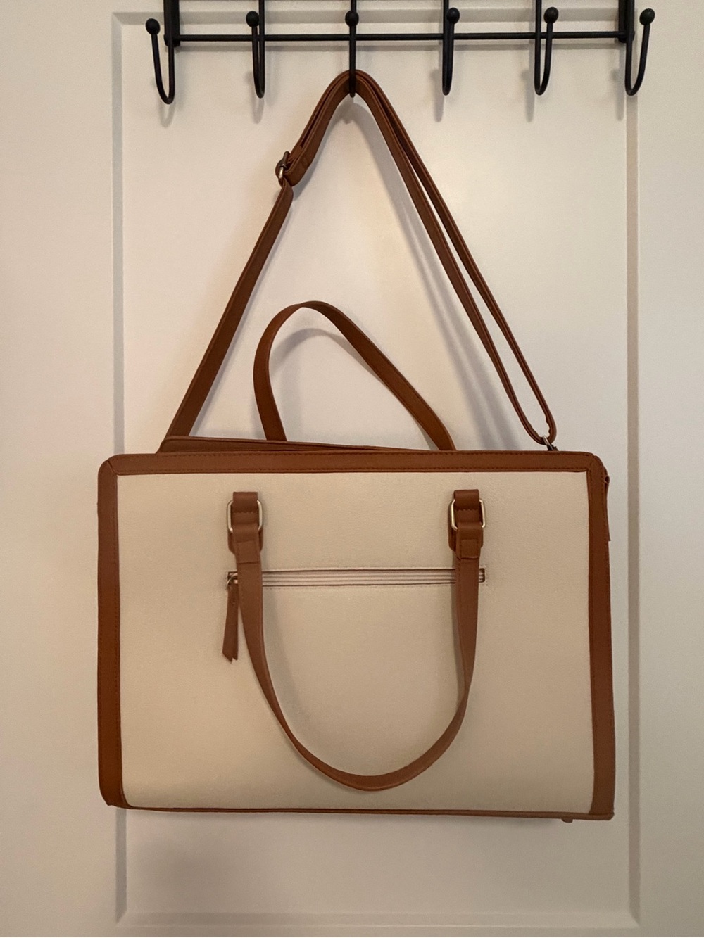 Cream and Tan Laptop Tote Bag with Removable Shoulder Strap
